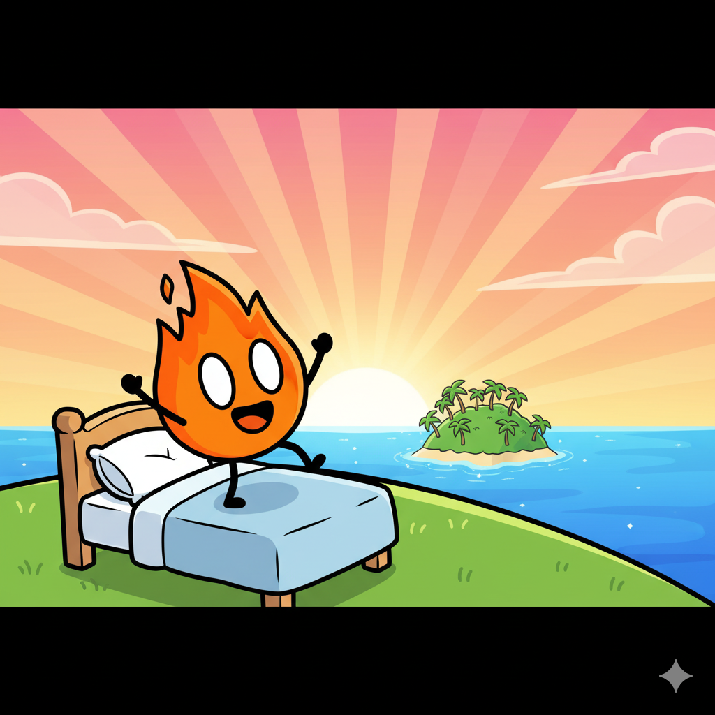 Firey waking up at sunrise with Dream Island in the distance