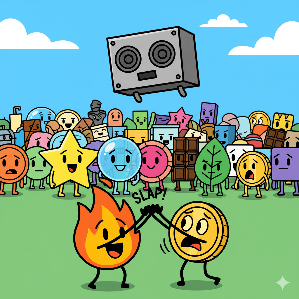 The Announcer floating above the crowd while Firey and Coiny slap each other