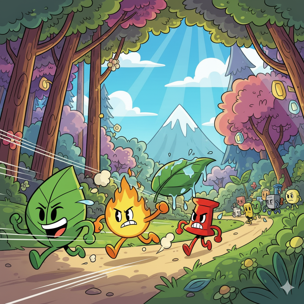 Characters racing through Yoyle Forest with mountain in background