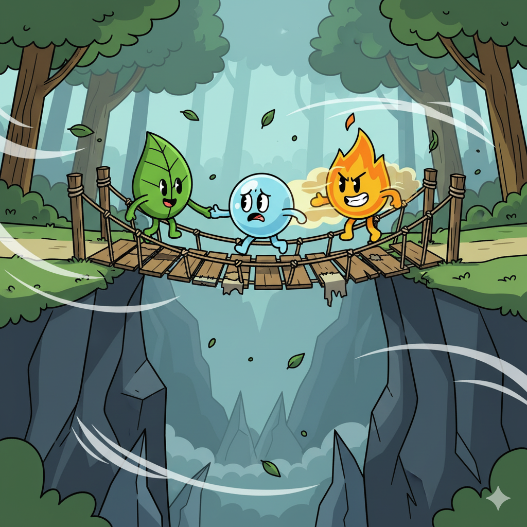 Leafy, Bubble, and Firey crossing a rickety bridge over a gorge