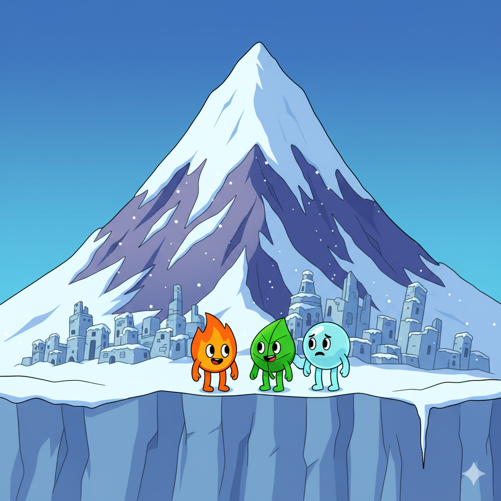 Firey, Leafy, and Bubble at the snowy base of Yoyle Mountain with Yoyle City visible