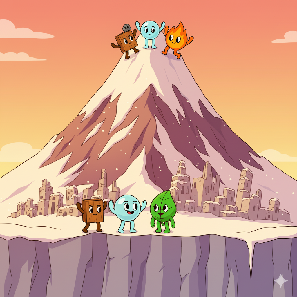 Firey, Leafy, Bubble, Woody, and Rocky celebrating at the summit of Yoyle Mountain