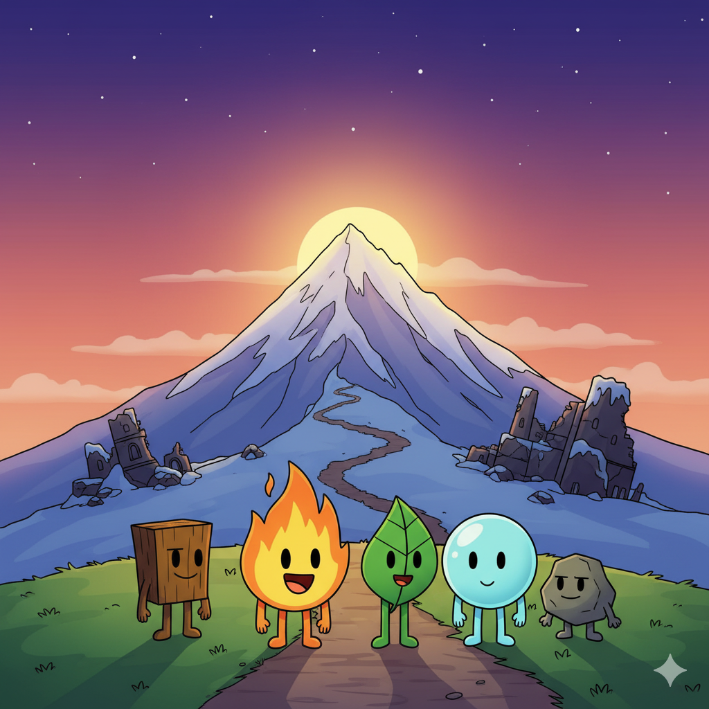 Firey, Leafy, Bubble, Woody and Rocky standing before Yoyle Mountain at sunset