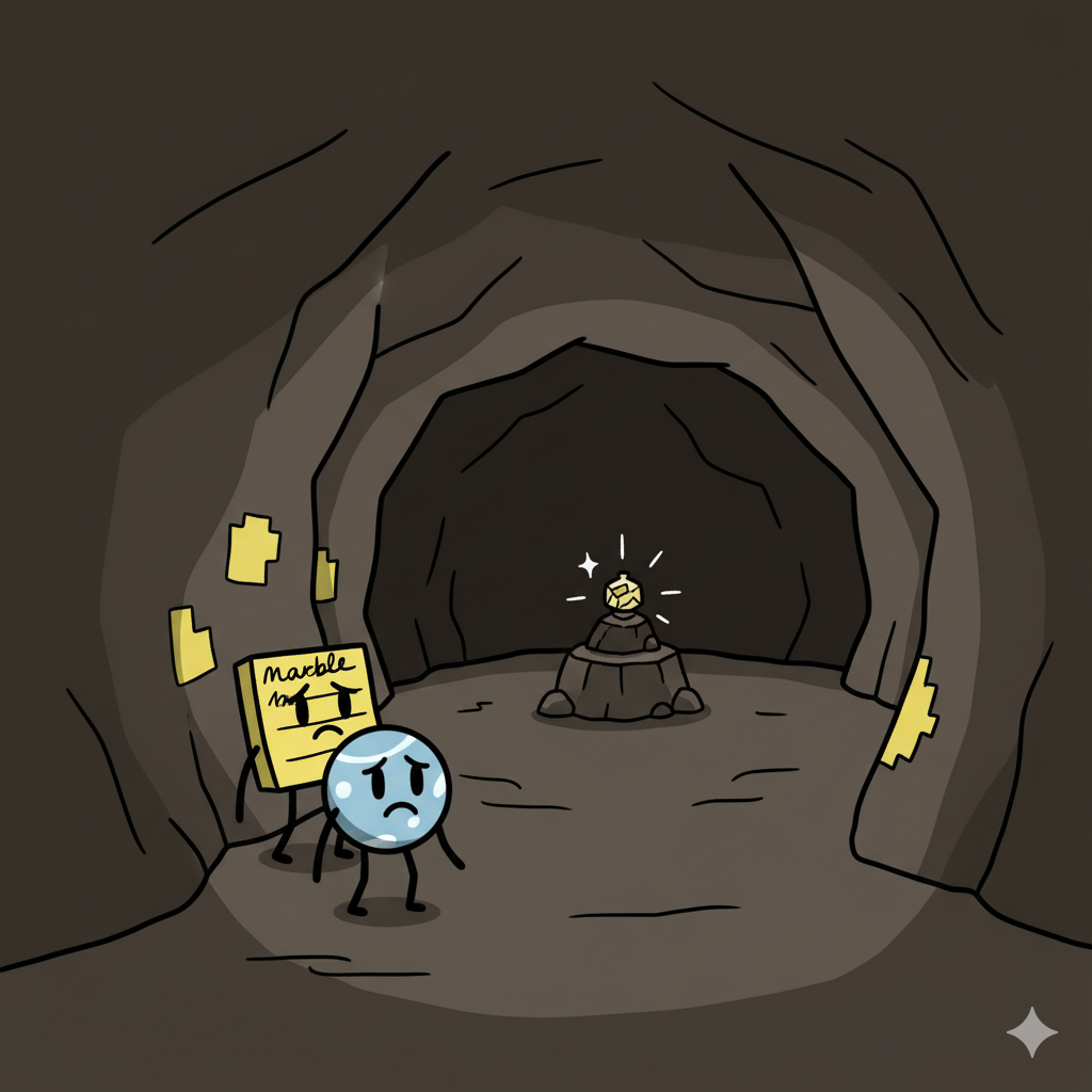arble and Sticky Note in a dark cave