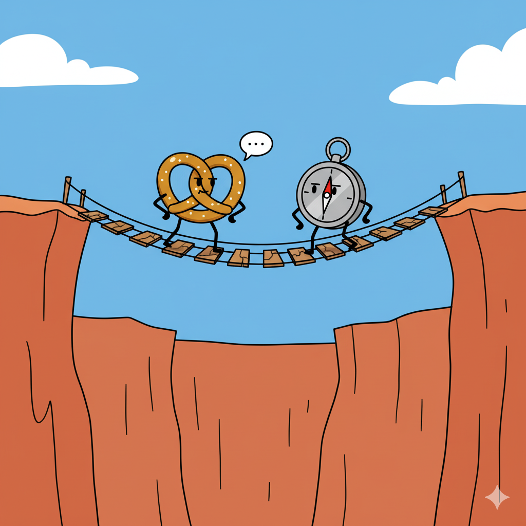 retzel and Compass crossing a scary bridge