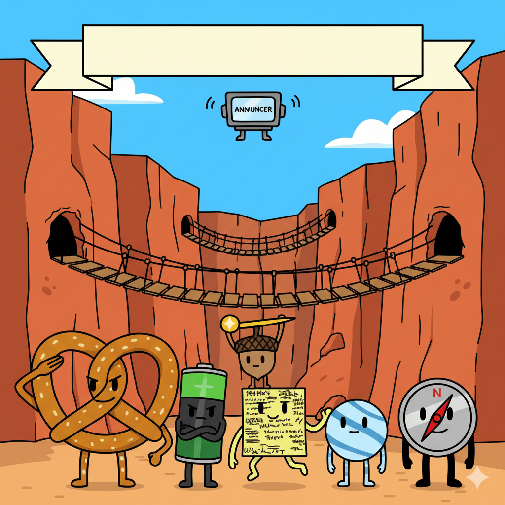 Six original characters standing before Goiky Gulch canyon