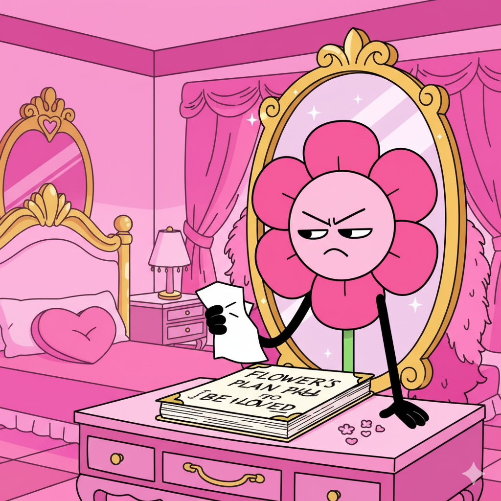 Flower at her vanity mirror with notebook