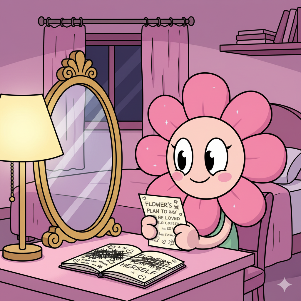 Flower reading notes at her mirror with genuine smile