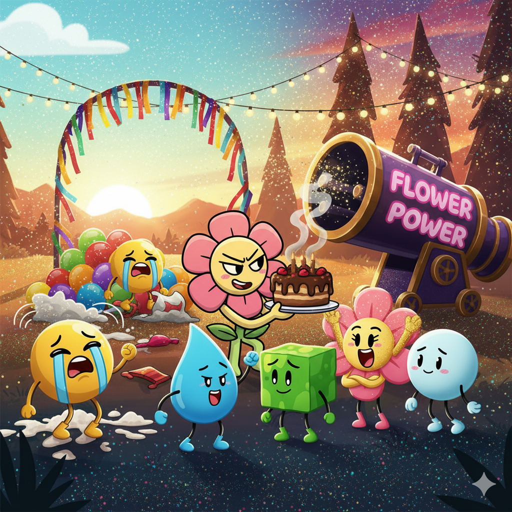 Flower surrounded by chaos, glitter, and characters at a party