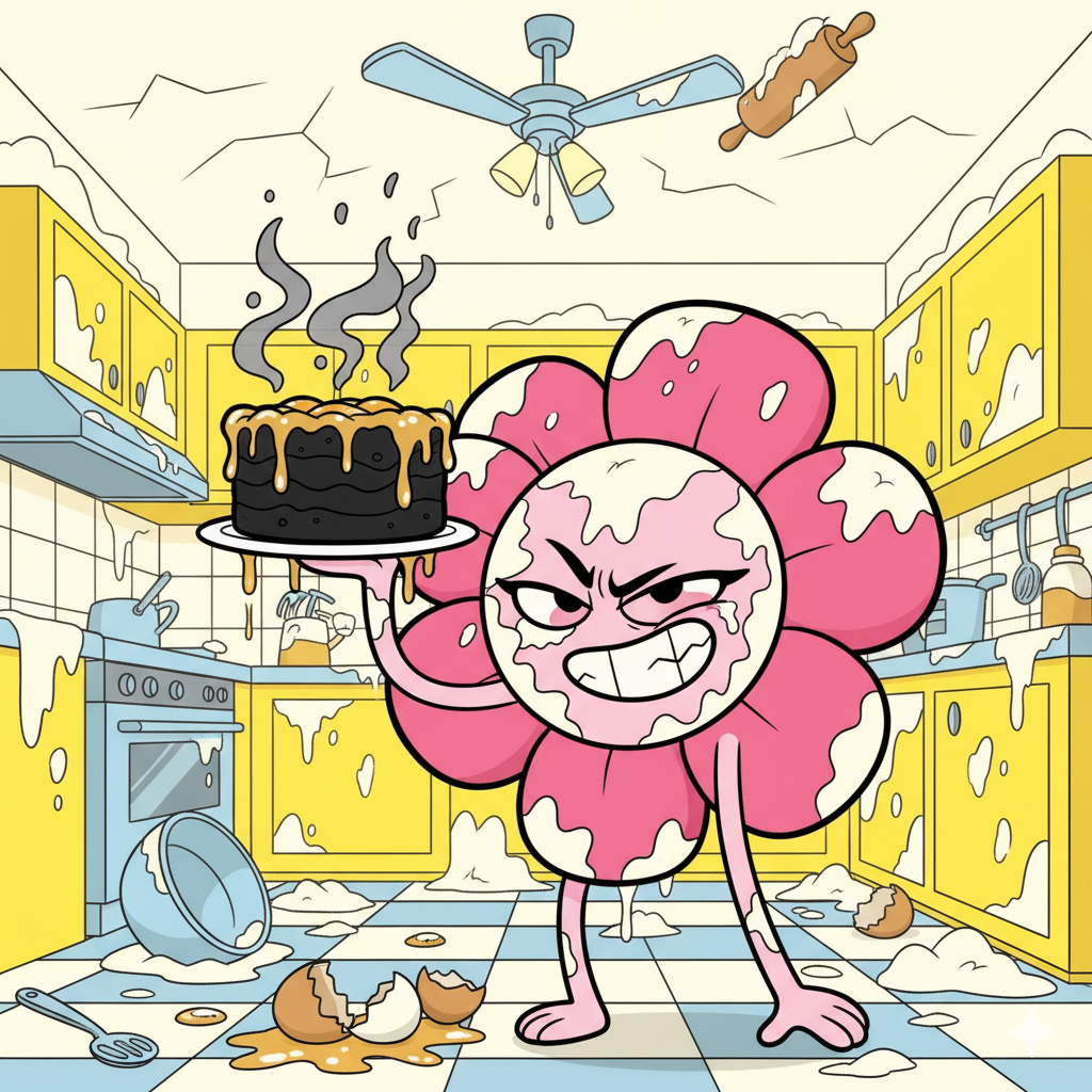 Flower in a destroyed kitchen holding a burnt cake