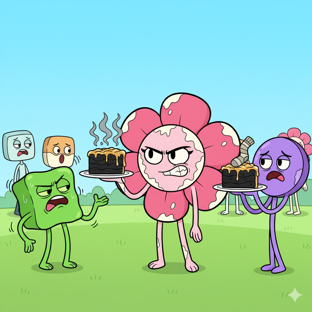 Flower serving terrible cake to Gelatin and Lollipop