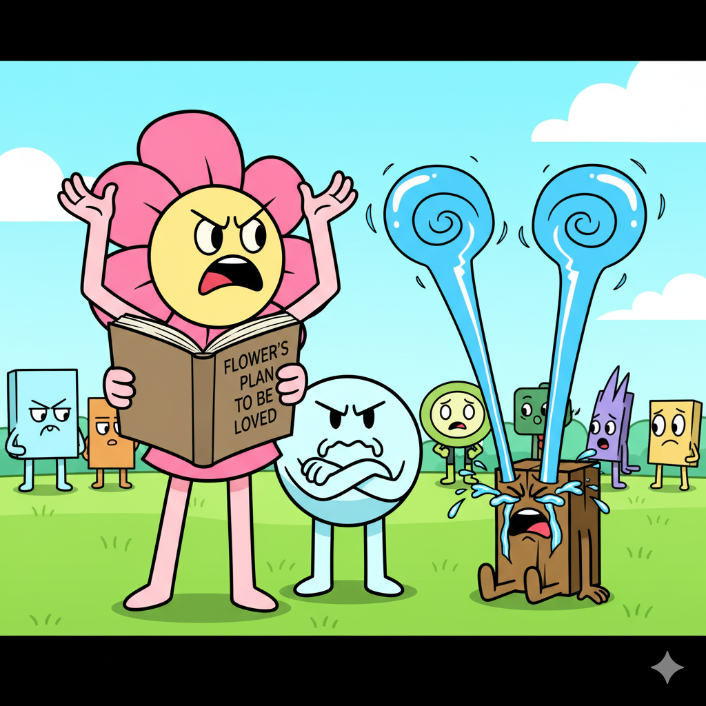 Flower frustrated with Snowball angry and Woody crying