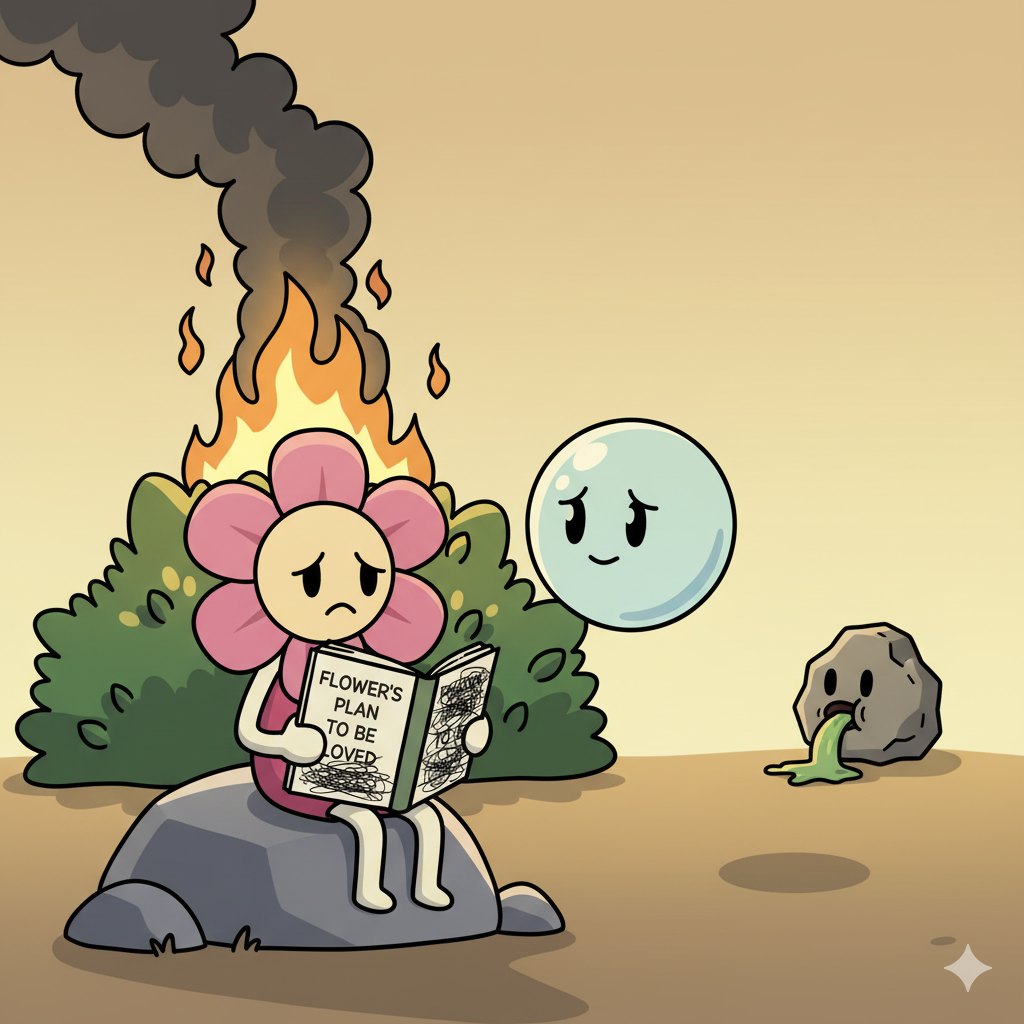 Flower sad on a rock with burning bush and Rocky barfing