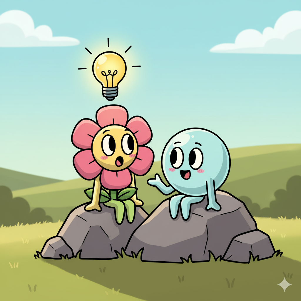 Flower and Bubble on rocks with lightbulb above Flower