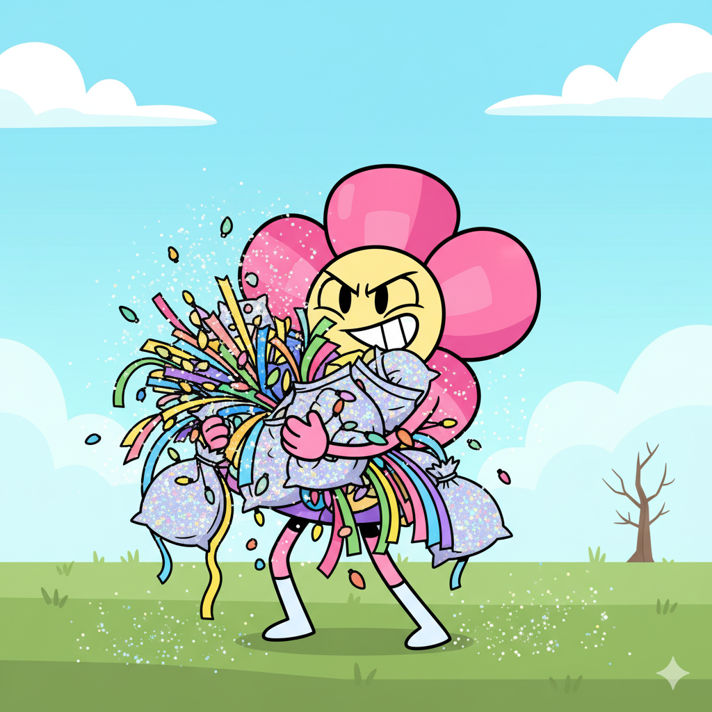 Flower carrying huge armfuls of decorations and glitter