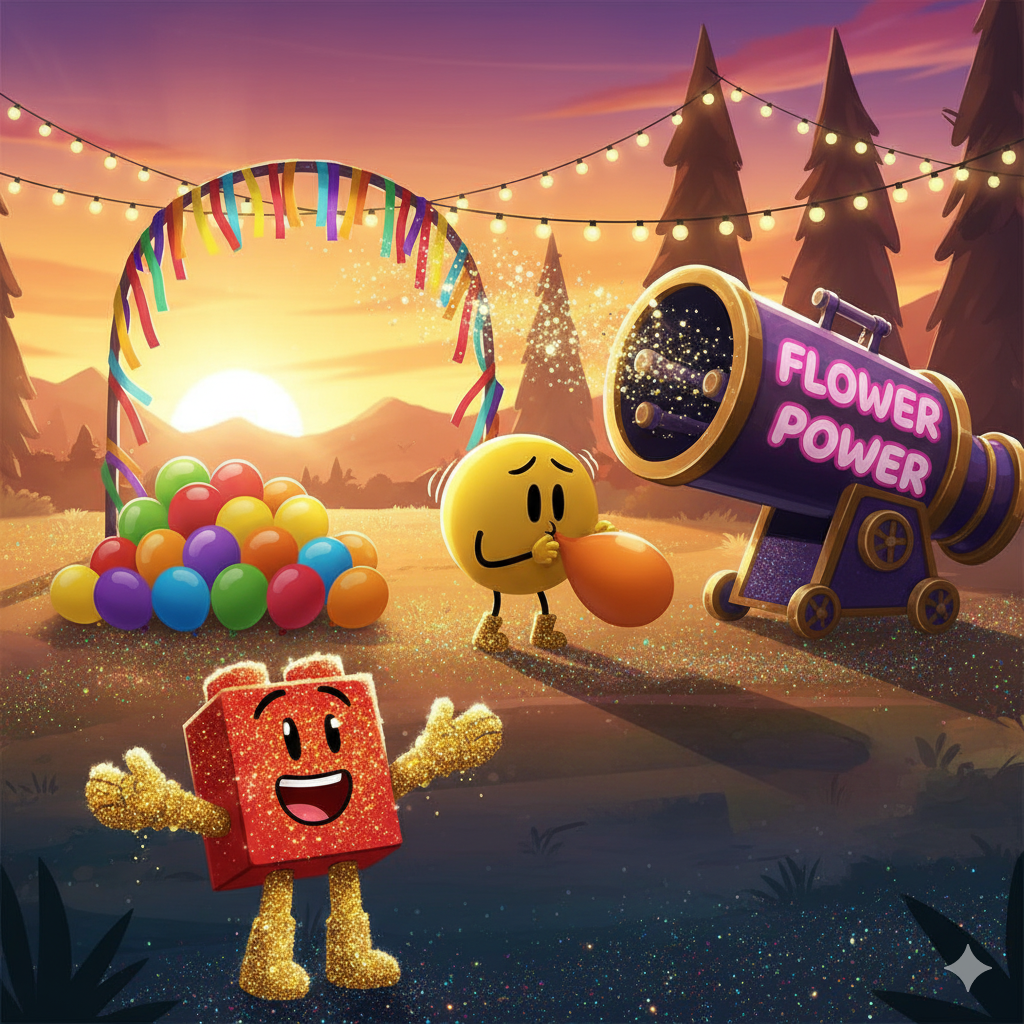 Gold glitter-covered Blocky and Yellow Face with glitter cannon