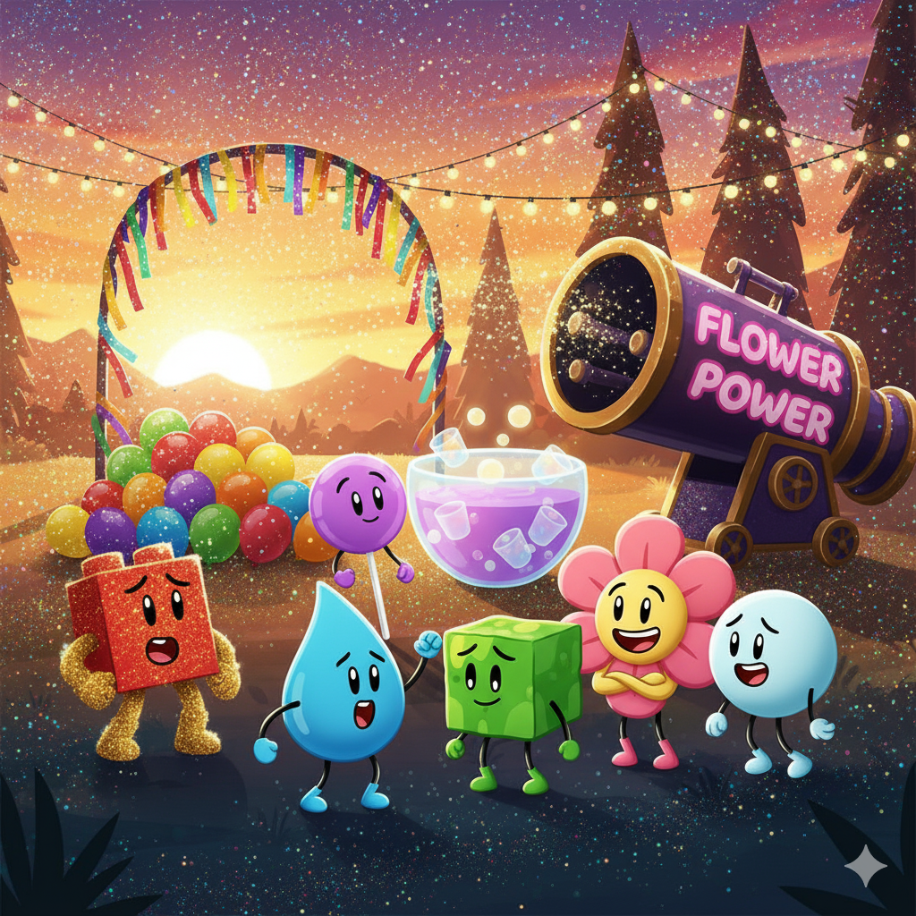 Characters dancing at the magical party with glitter cannon