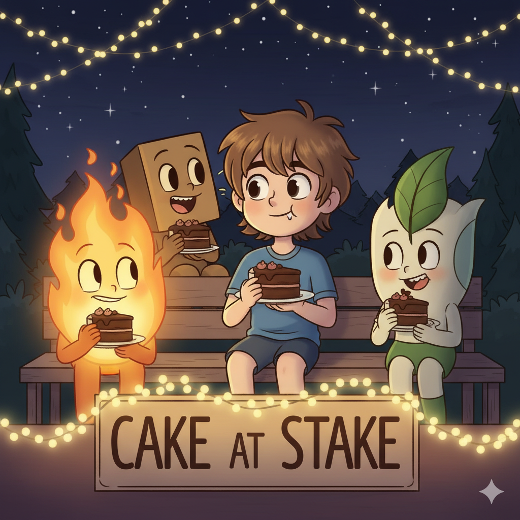 Wesley eating cake at Cake at Stake with Firey and friends