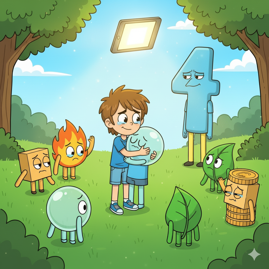 Wesley hugging Bubble goodbye with tablet glowing in the sky