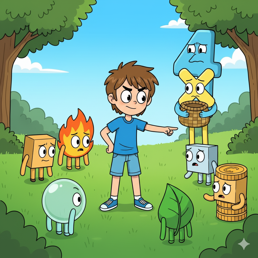 Wesley leading a team huddle with Firey, Leafy, and Bubble