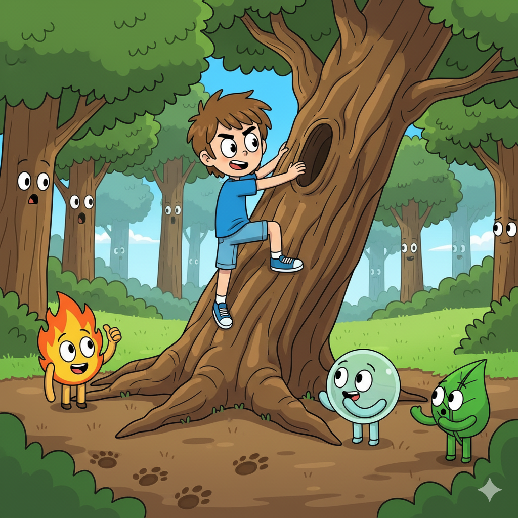 Wesley climbing a huge tree while his team cheers