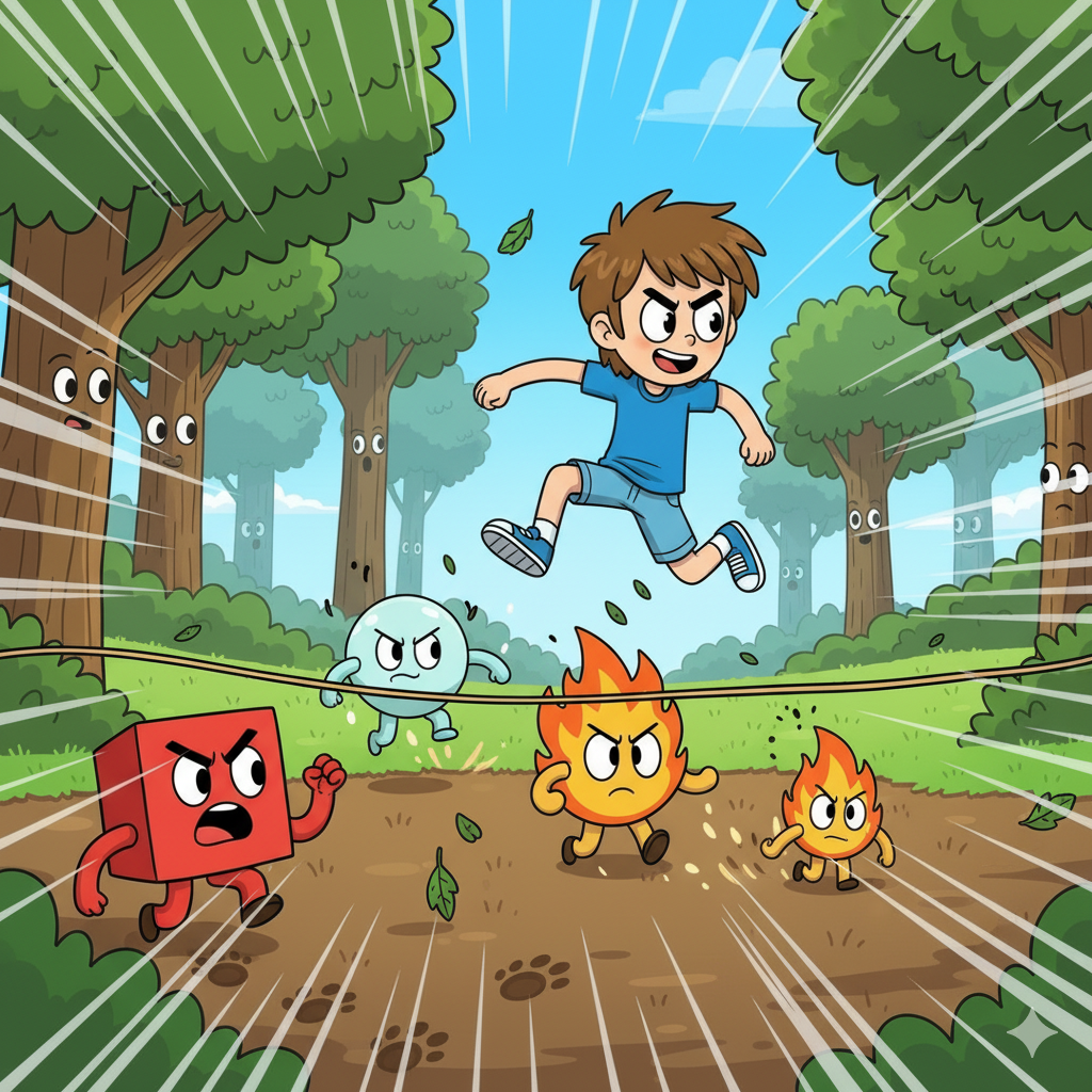 Wesley jumping over Blocky tripwire in the forest