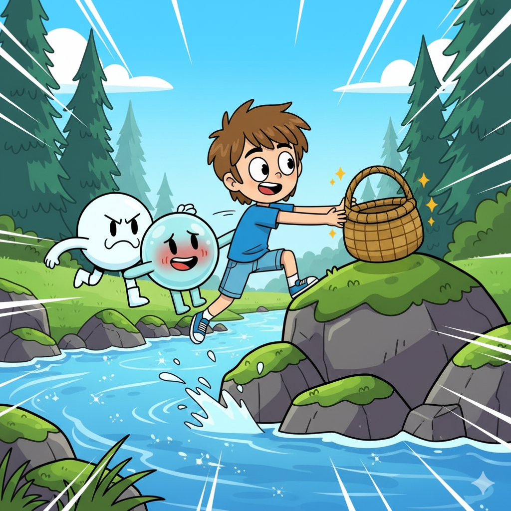 Bubble helping Wesley grab the basket by the river