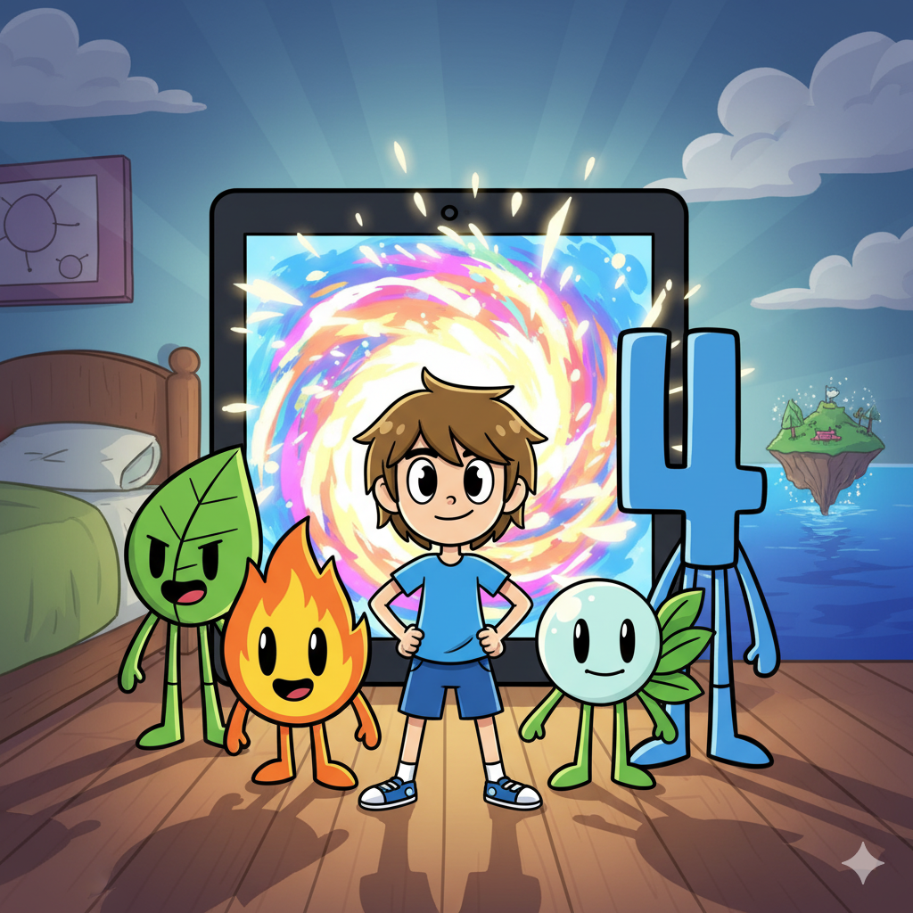 Wesley standing with BFDI characters in front of a glowing tablet portal
